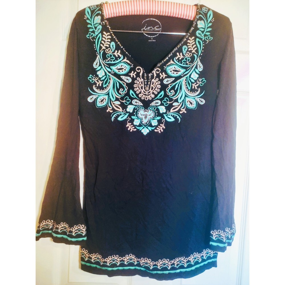 INC International Concepts Woman's Black Embroidered Full Sleeve Top Blouse